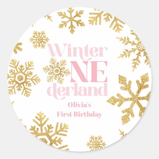 Winter Onederland Pink Gold Snowflake 1e verjaarda Ronde Sticker (Voorkant)