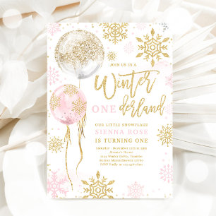 Winter Onederland Pink Gold Snowflake Birthday Kaart