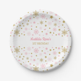 Winter Onederland Pink Gold Snowflake Birthday Papieren Bordje