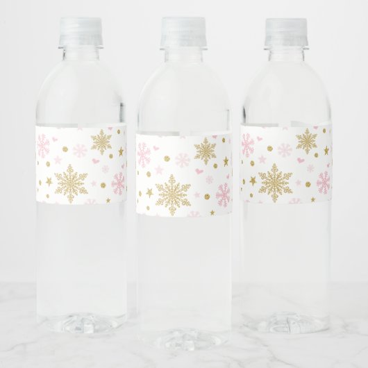 Winter Onederland Pink Gold Snowflake Birthday Waterfles Etiket (Flessen)