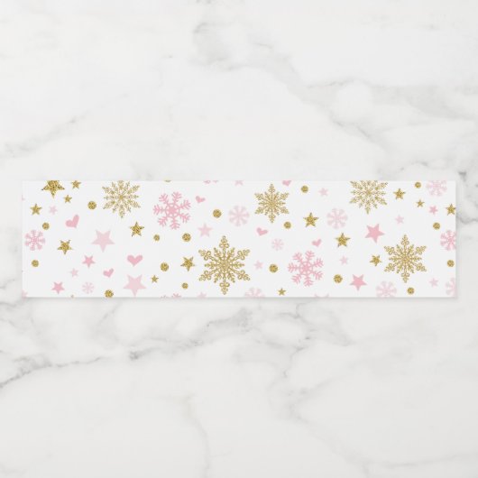 Winter Onederland Pink Gold Snowflake Birthday Waterfles Etiket (Enkel label)