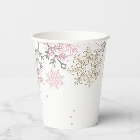 Winter Onederland Pink Gold Snowflakes Verjaardag Papieren Bekers (Achterkant)