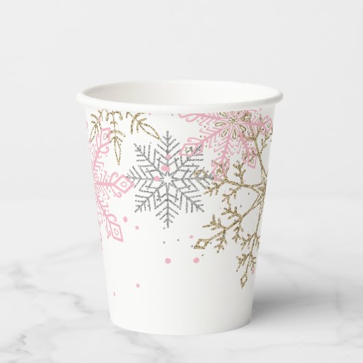 Winter Onederland Pink Gold Snowflakes Verjaardag Papieren Bekers (Voorkant)