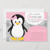 Winter ONEderland Pink Penguin Uitnodiging (Voorkant)