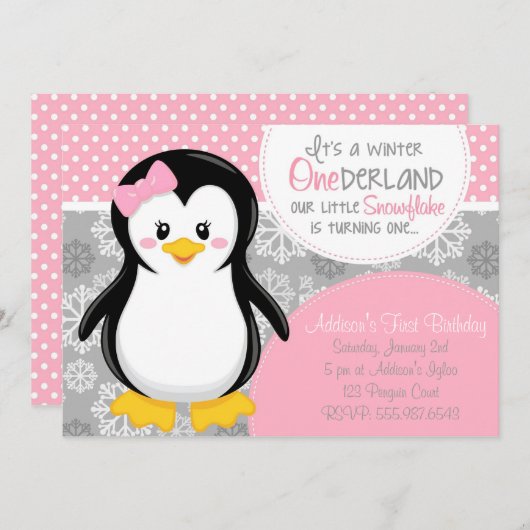 Winter ONEderland Pink Penguin Uitnodiging (Voorkant / Achterkant)