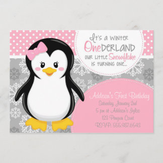 Winter ONEderland Pink Penguin Uitnodiging