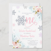 Winter ONEderland Pink Silver Floral 1st Birthday Kaart (Voorkant)