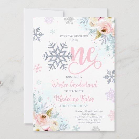 Winter ONEderland Pink Silver Floral 1st Birthday Kaart (Voorkant)