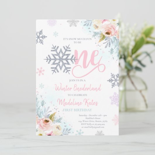Winter ONEderland Pink Silver Floral 1st Birthday Kaart (Staand voorkant)
