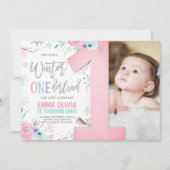 Winter ONEderland Pink Silver Floral 1st Birthday Kaart (Voorkant)