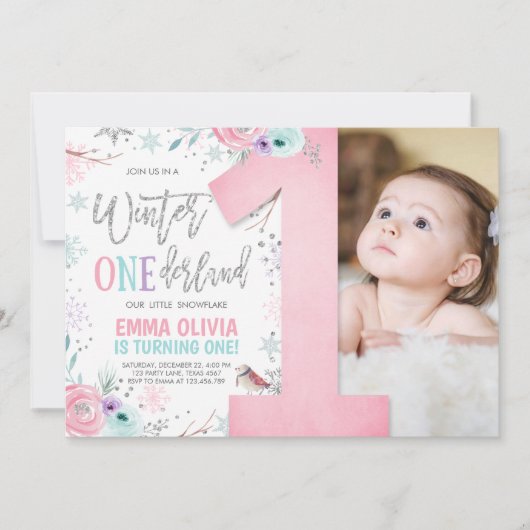 Winter ONEderland Pink Silver Floral 1st Birthday Kaart (Voorkant)