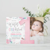 Winter ONEderland Pink Silver Floral 1st Birthday Kaart (Staand voorkant)