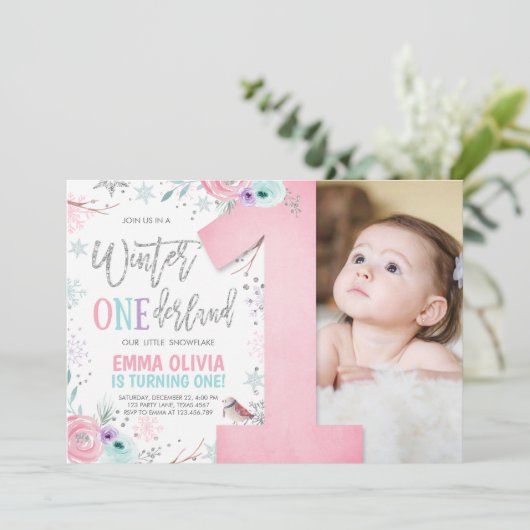 Winter ONEderland Pink Silver Floral 1st Birthday Kaart (Staand voorkant)