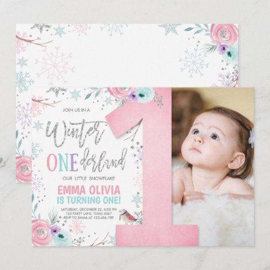 Winter ONEderland Pink Silver Floral 1st Birthday Kaart (Voorkant / Achterkant)