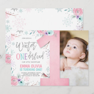 Winter ONEderland Pink Silver Floral 1st Birthday Kaart