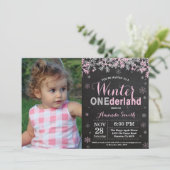 Winter Onederland Pink Silver Girl 1e verjaardag Kaart (Staand voorkant)