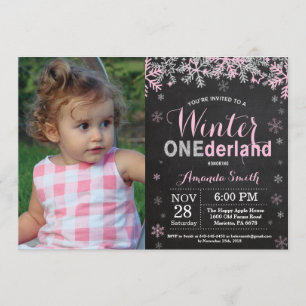 Winter Onederland Pink Silver Girl 1e verjaardag Kaart