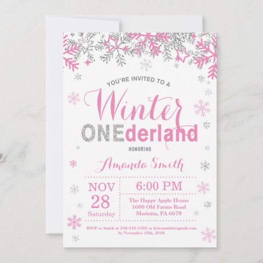 Winter Onederland Pink Silver Girl 1e verjaardag Kaart (Voorkant)