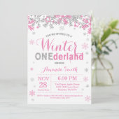 Winter Onederland Pink Silver Girl 1e verjaardag Kaart (Staand voorkant)