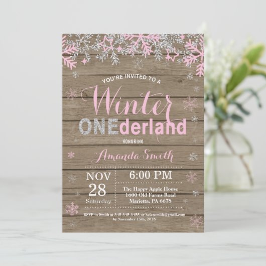 Winter Onederland Pink Silver Girl 1e verjaardag Kaart (Staand voorkant)