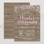 Winter Onederland Pink Silver Girl 1e verjaardag Kaart (Voorkant / Achterkant)