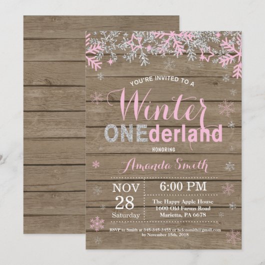 Winter Onederland Pink Silver Girl 1e verjaardag Kaart (Voorkant / Achterkant)