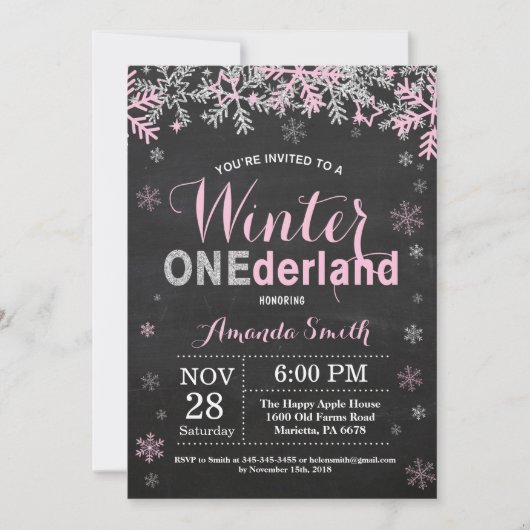 Winter Onederland Pink Silver Girl 1e verjaardag Kaart (Voorkant)