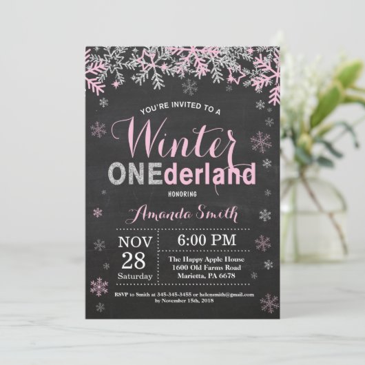 Winter Onederland Pink Silver Girl 1e verjaardag Kaart (Staand voorkant)