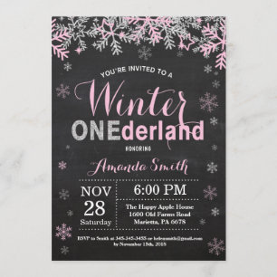 Winter Onederland Pink Silver Girl 1e verjaardag Kaart