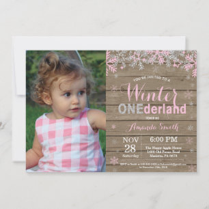 Winter Onederland Pink Silver Girl 1e verjaardag Kaart