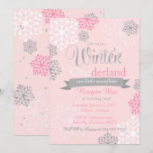 Winter Onederland Pink Silver Glitter Uitnodiging (Voorkant / Achterkant)