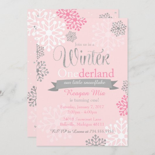 Winter Onederland Pink Silver Glitter Uitnodiging (Voorkant / Achterkant)