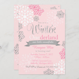 Winter Onederland Pink Silver Glitter Uitnodiging