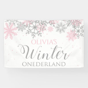 Winter Onederland Pink Silver Snow First Birthday Spandoek