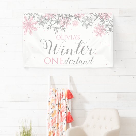 Winter Onederland Pink Silver Snow First Birthday Spandoek (Insitu)