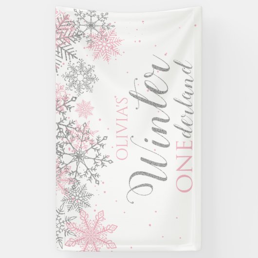 Winter Onederland Pink Silver Snow First Birthday Spandoek (Verticaal)