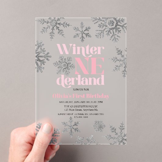 Winter Onederland Pink Silver Snowflake Birthday Acryl Uitnodigingen (Insitu (Draagbaar))