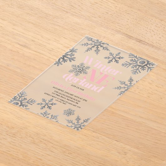 Winter Onederland Pink Silver Snowflake Birthday Acryl Uitnodigingen (Laagn)