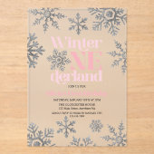 Winter Onederland Pink Silver Snowflake Birthday Acryl Uitnodigingen (Voorkant)