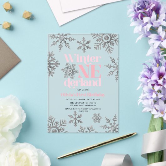 Winter Onederland Pink Silver Snowflake Birthday Acryl Uitnodigingen (Insitu (Huwelijk))