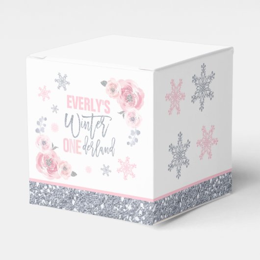 Winter ONEderland Pink Silver Snowflake Birthday Bedankdoosjes (Voorkant Zijde)