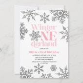 Winter Onederland Pink Silver Snowflake Birthday Kaart (Voorkant)