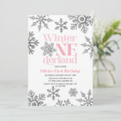 Winter Onederland Pink Silver Snowflake Birthday Kaart (Staand voorkant)