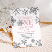 Winter Onederland Pink Silver Snowflake Birthday Kaart