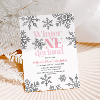 Winter Onederland Pink Silver Snowflake Birthday Kaart