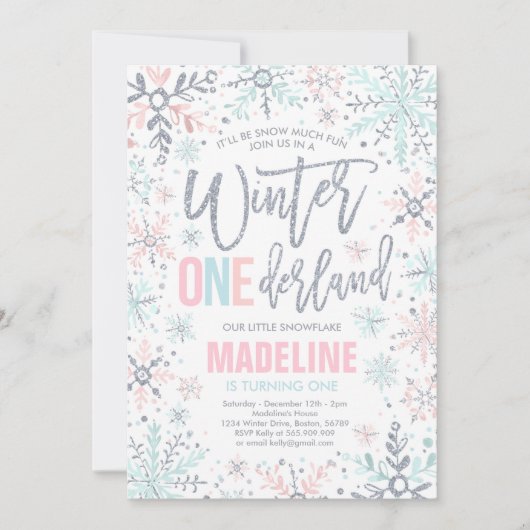 Winter ONEderland Pink Silver Snowflake Birthday Kaart (Voorkant)