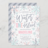 Winter ONEderland Pink Silver Snowflake Birthday Kaart (Voorkant / Achterkant)