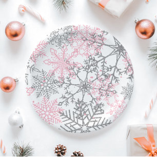 Winter Onederland Pink Silver Snowflake Papieren Bordje