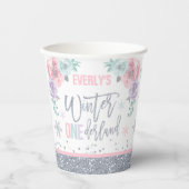 Winter ONEderland Pink Silver Snowflake Party Papieren Bekers (Voorkant)