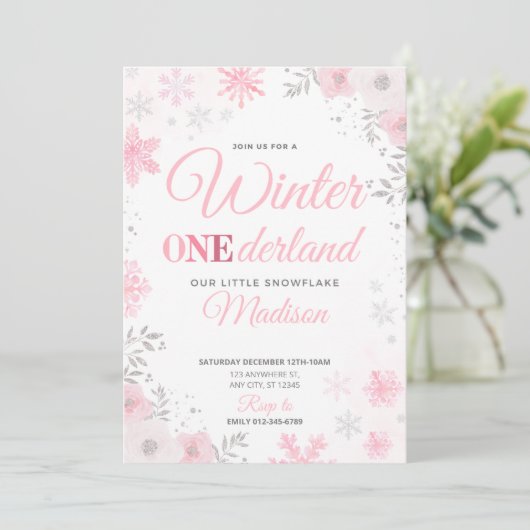 Winter ONEderland Pink Snowflake 1e Uitnodiging (Staand voorkant)